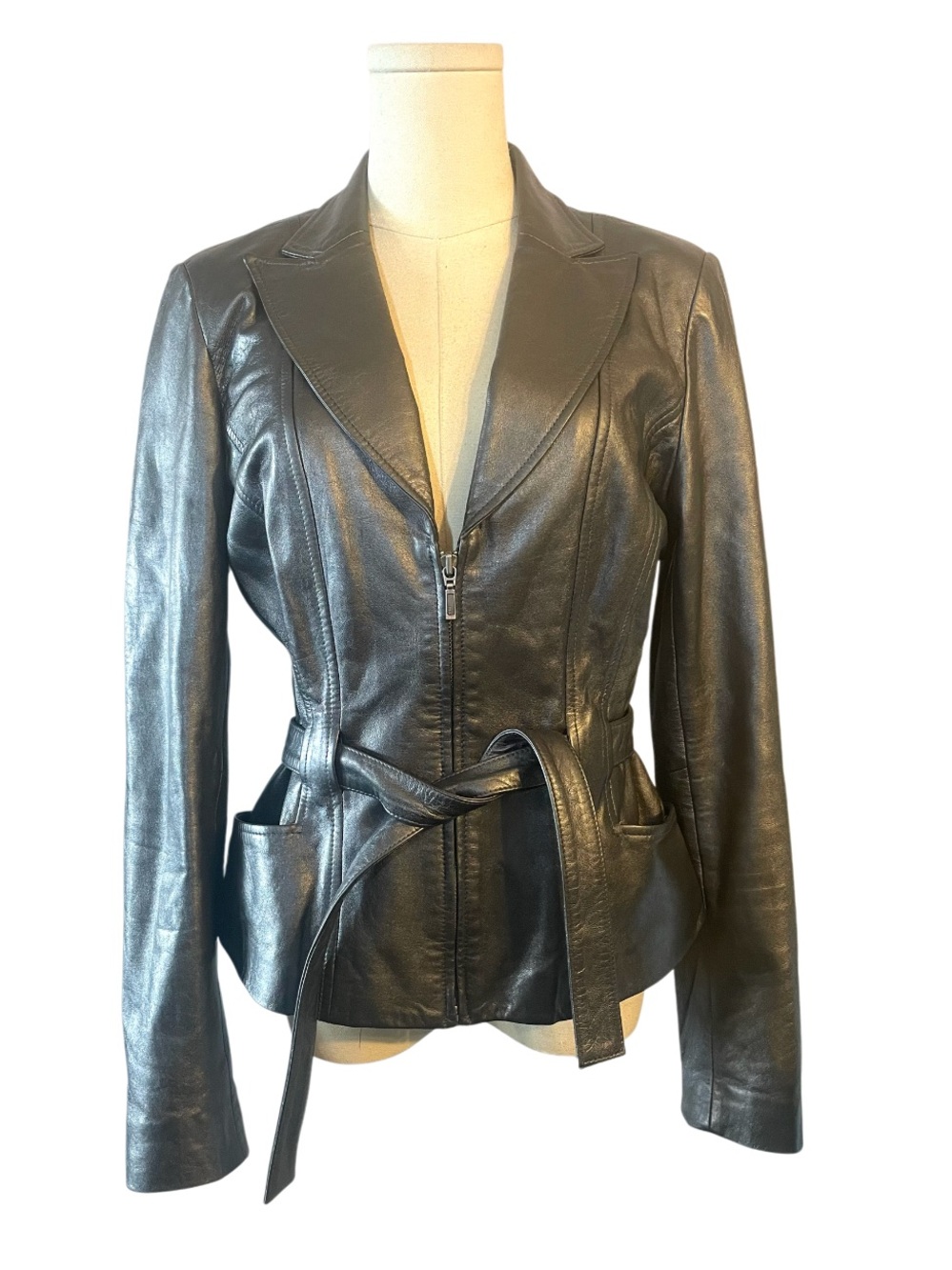 Y2K Cache 100% Lamb Leather Gunmetal Gray Moto Jacket SZ 8 Blazer Silhouette